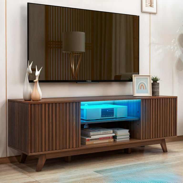 Dextrus LED TV Stand for TVS Up to 65 inch Farmhouse TV Entertainment Center Cabinet for Living Room Walnut