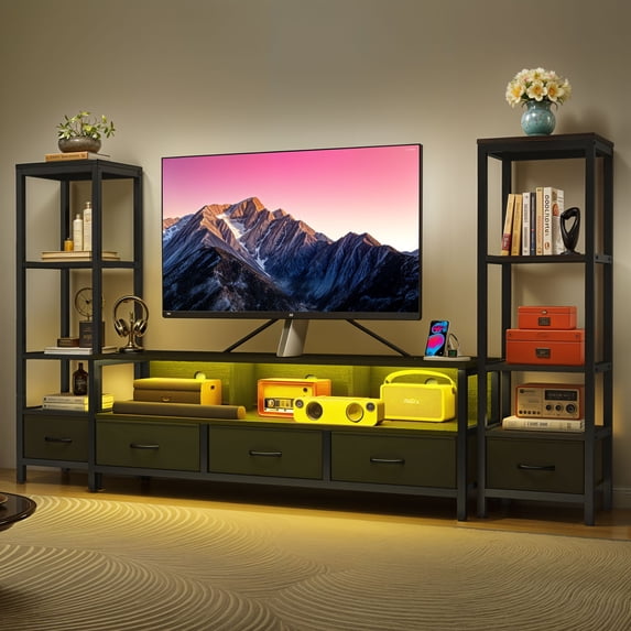 Dextrus LED TV Stand with Bookcase for Tvs up to 65", Entertainment Stand with Power Outlets, Black