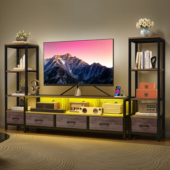 Dextrus LED TV Stand with Bookcase for Tvs up to 65", Entertainment Stand with Power Outlets, Gray