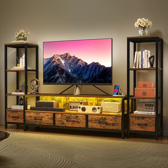 Dextrus LED TV Stand with Bookcase for Tvs up to 65", Entertainment Stand with Power Outlets, Rustic Brown