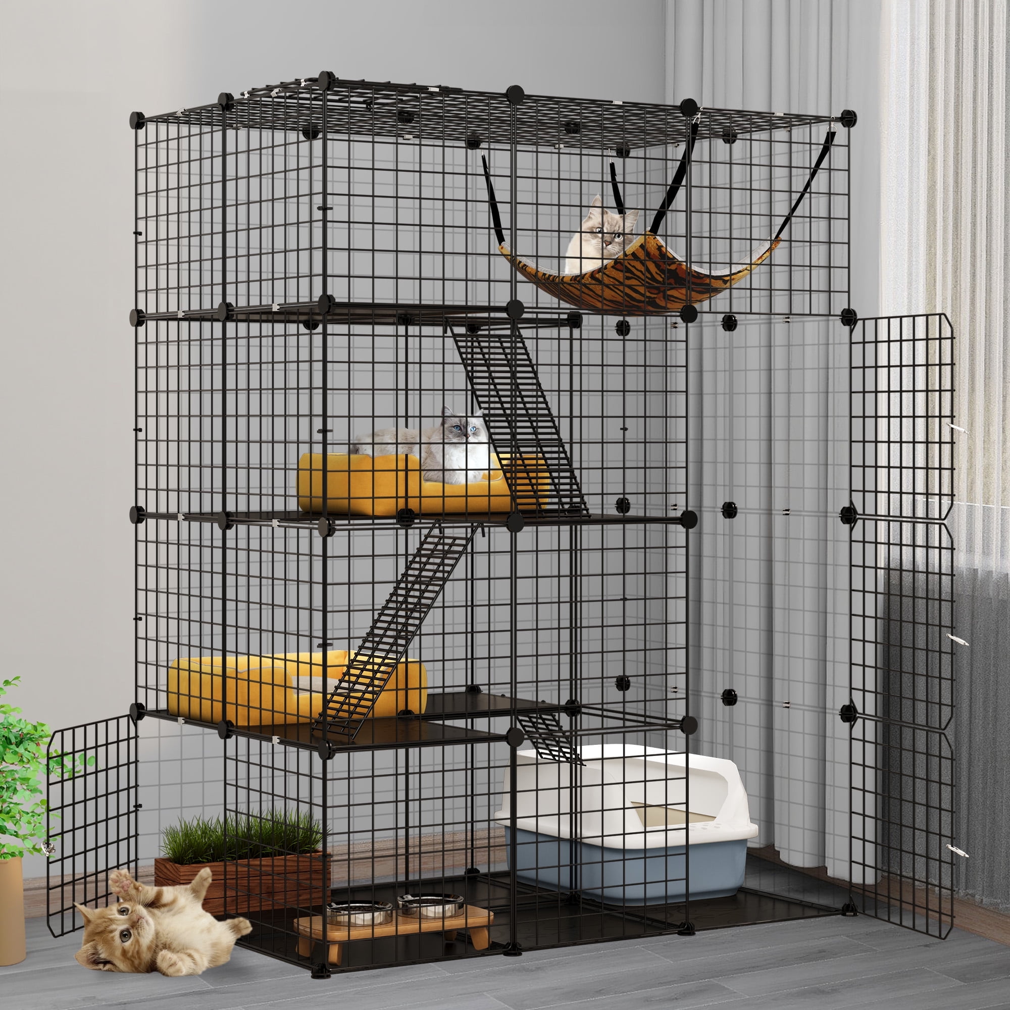 Dextrus Large Cat Cage 4-Tier Kennels with Large Hammock ,Metal Wire Cat Kennel DIY Cat Playpen Perfect for 1-3 Cats