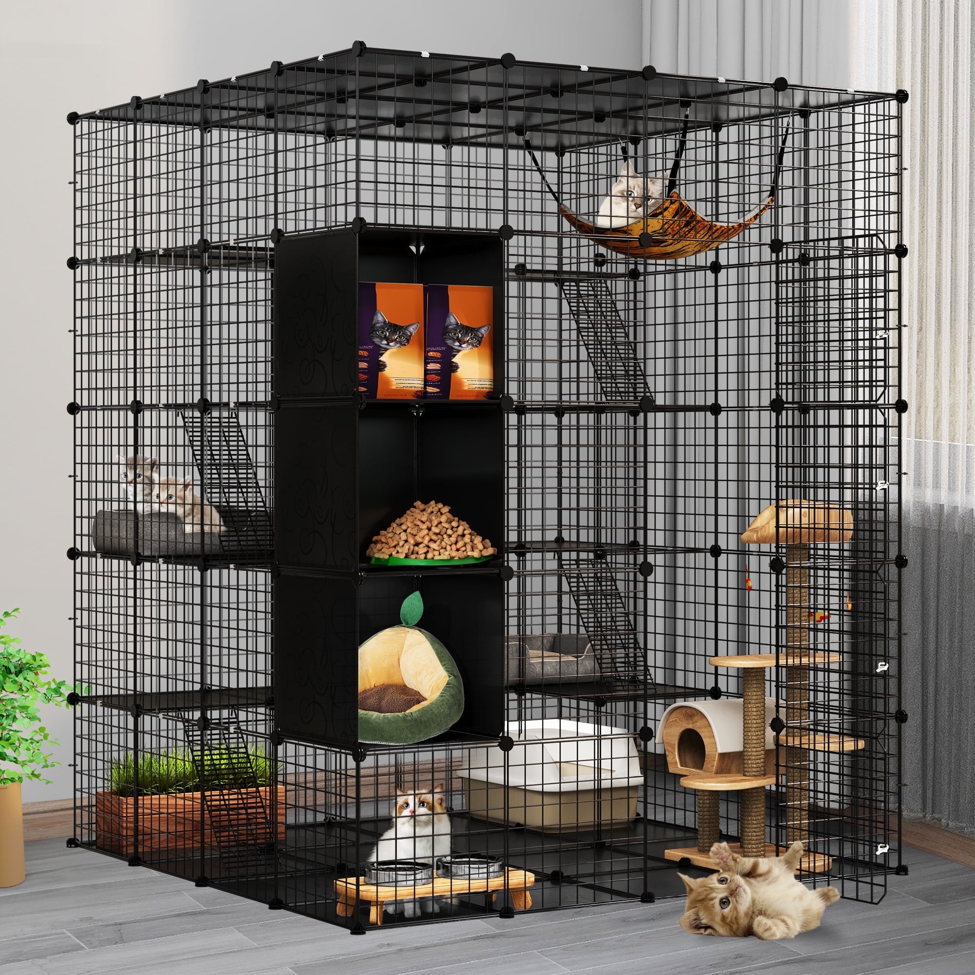 Dextrus Large Cat Cage 5-Tier Kennels with Cube Storage, DIY Indoor Catio Enclosure Spacious Cat Playpen with Hammock, Ideal for 1-5 Cats