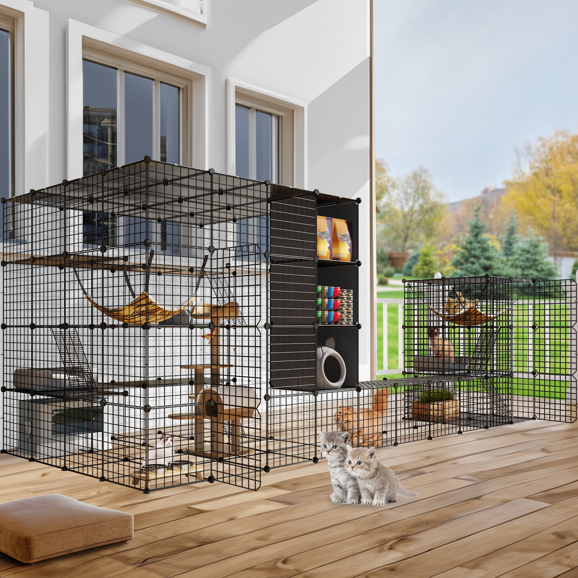 Dextrus Indoor Outdoor Extra Large Metal Cat Cage with Roof Hammock and DIY Pet Kennels Playpen for 1 6 Cats Walmart