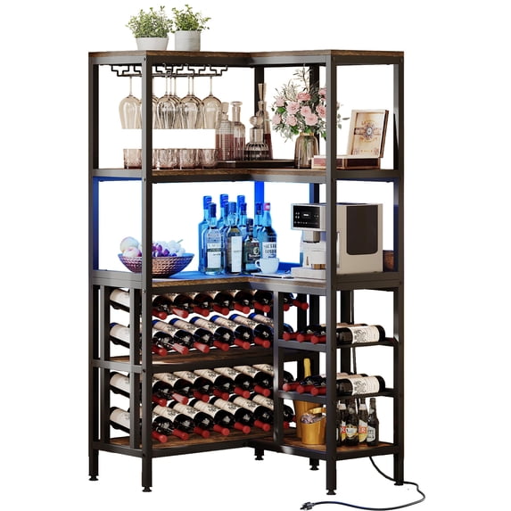 Dextrus Large Corner Wine Rack with Led Light & , 5-Tier L Shaped Industrial Bar Cabinets