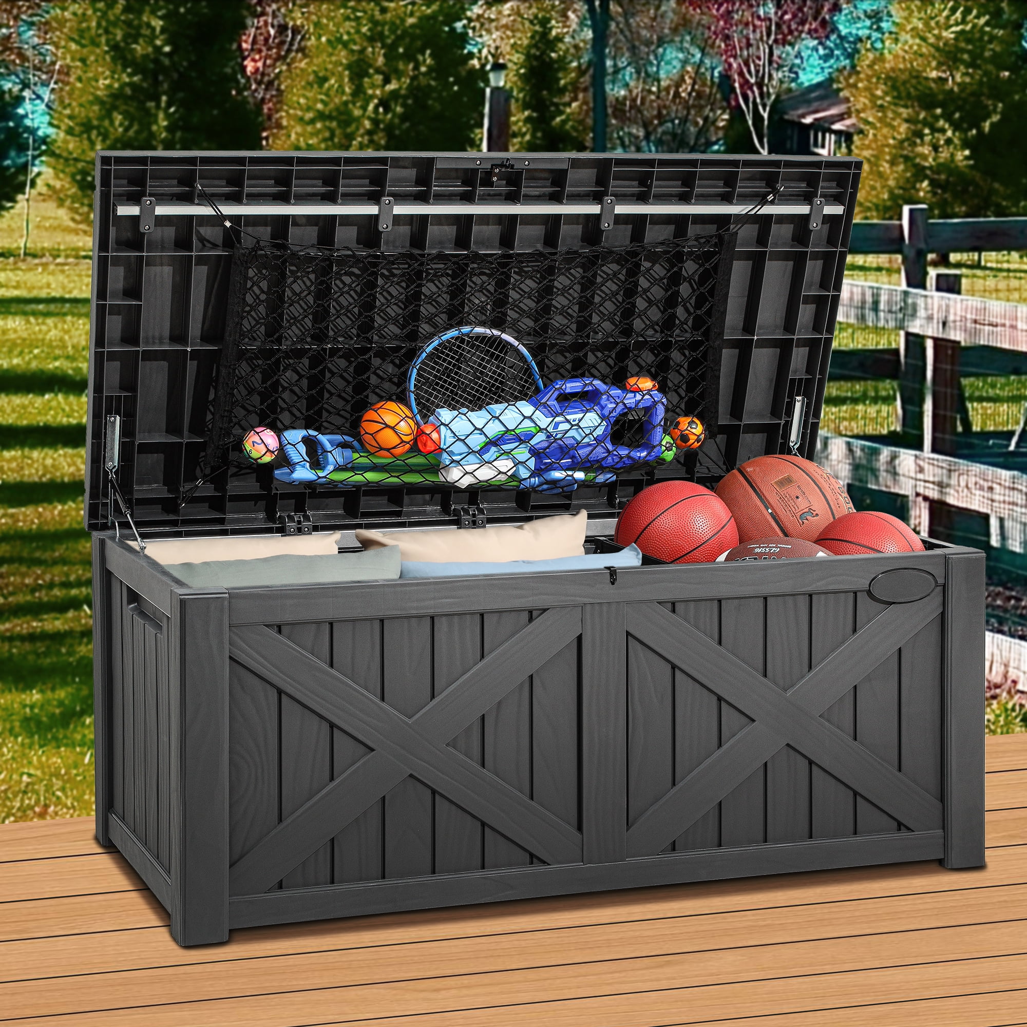 Dextrus Large Deck Box Outdoor Storage Boxes with Divider Storage Net Waterproof Cushion Storage Bench for Patio Garden Tools Lockable 120