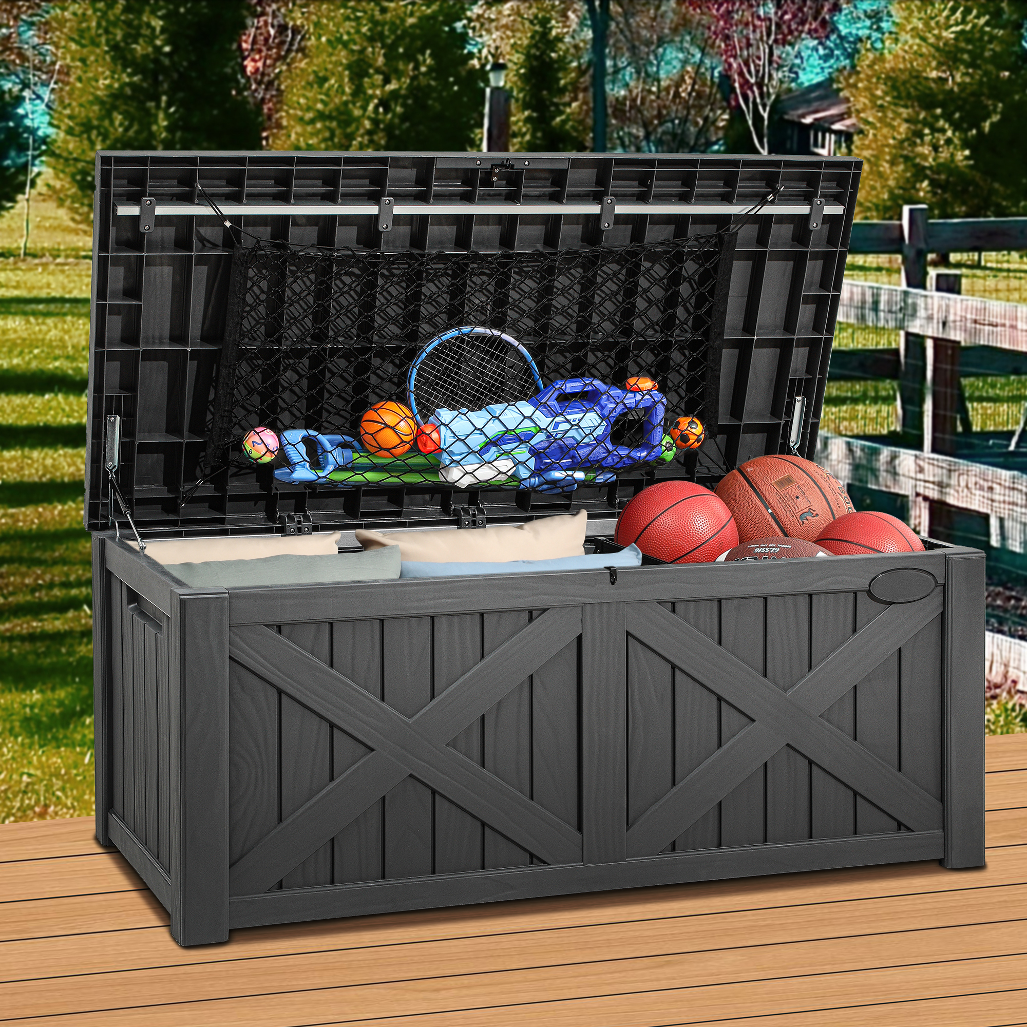 Dextrus Large Deck Box Outdoor Storage Boxes with Divider Storage Net Waterproof Cushion Storage Bench for Patio Garden Tools Lockable 120