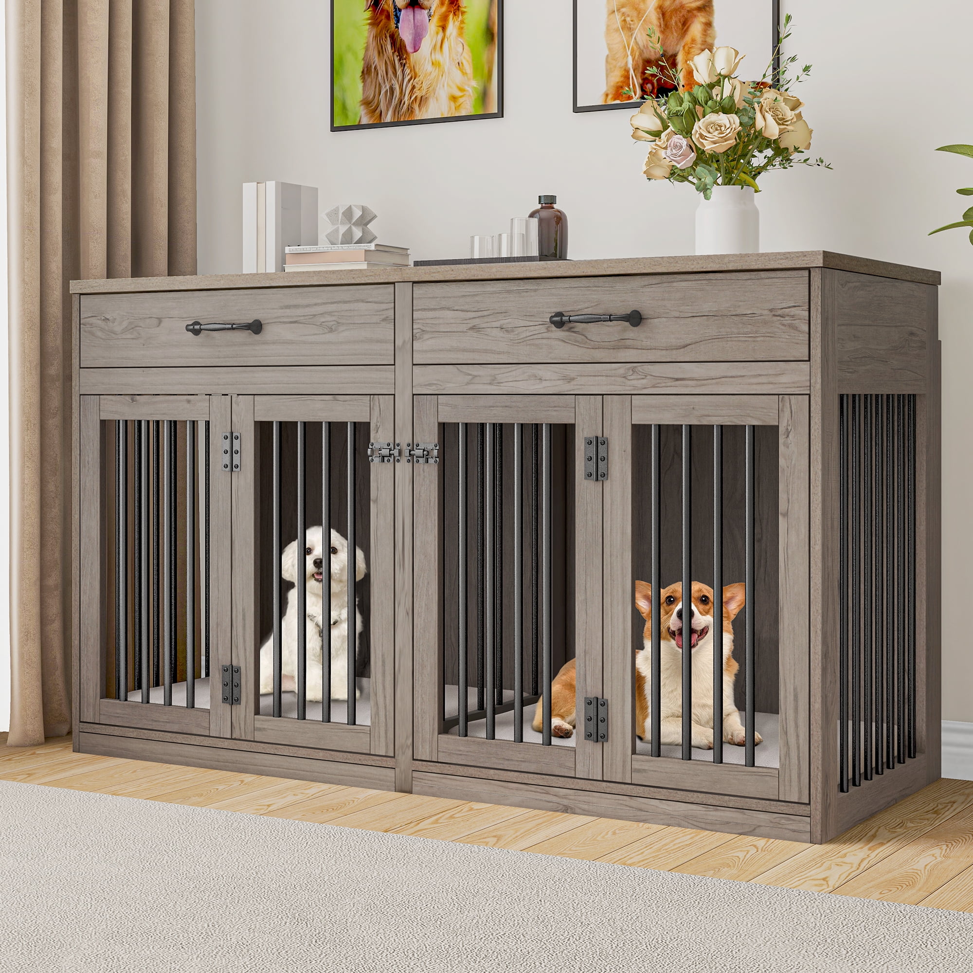 Dextrus XLarge Pet Divider Dog Crate Furniture for 2 Dogs, 60" Double ...