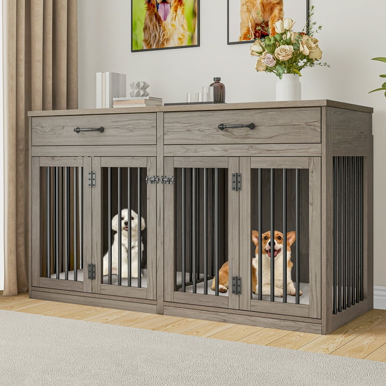 Dextrus Large Dog Crate Furniture for 2 Dogs 60 Wooden Dog Kennel with Double Doors and 2 Drawers Heavy Sturdy Dog Kennel for Medium Large Dog