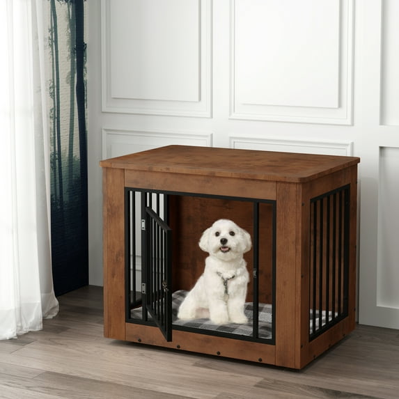 Dextrus Large Dog Crate Furniture, 2-in-1 Wooden Indoor Dogs Kennel Furniture with Waterproof Top&Safety Corners -30.1"L x 21.1"W x 25.0"H,Rustic Brown
