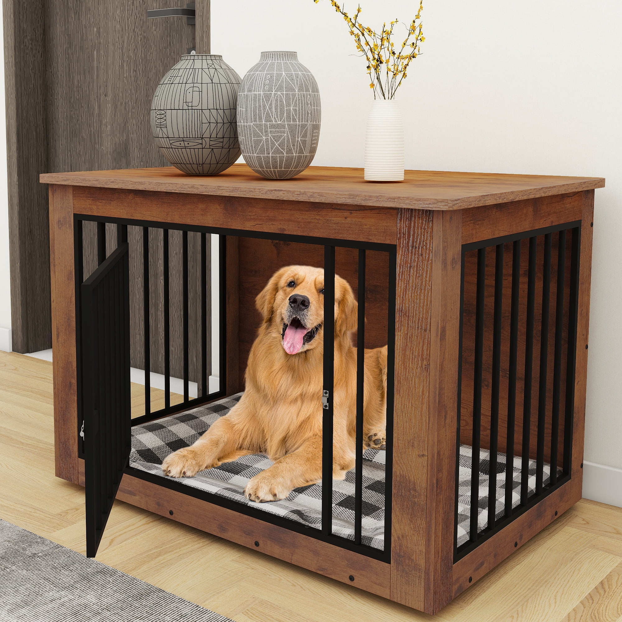 Dextrus Large Dog Crate Furniture, 2-in-1 Wooden Indoor Dogs Kennel Furniture with Waterproof Top&Safety Corners -38.2"L x 24.0"W x 26.8"H,Rustic Brown