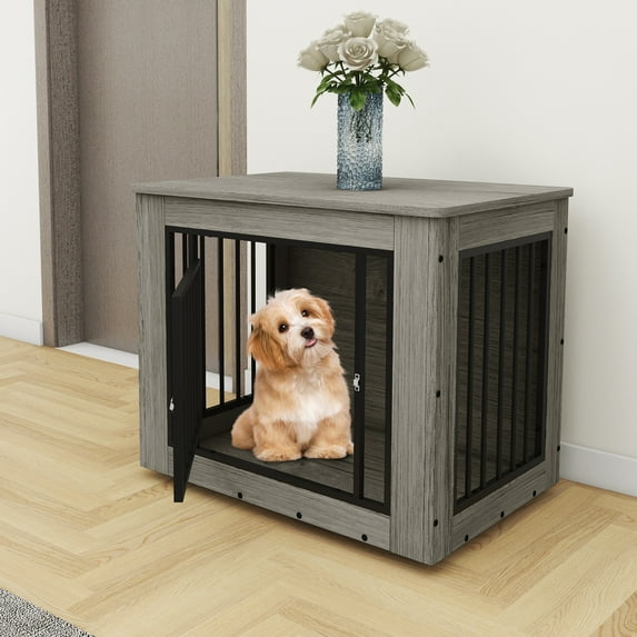 Dextrus Large Dog Crate Furniture, 2-in-1 Wooden Indoor Dogs Kennel Furniture with Waterproof Top&Safety Corners -30.1"L x 21.1"W x 25.0"H,Grey