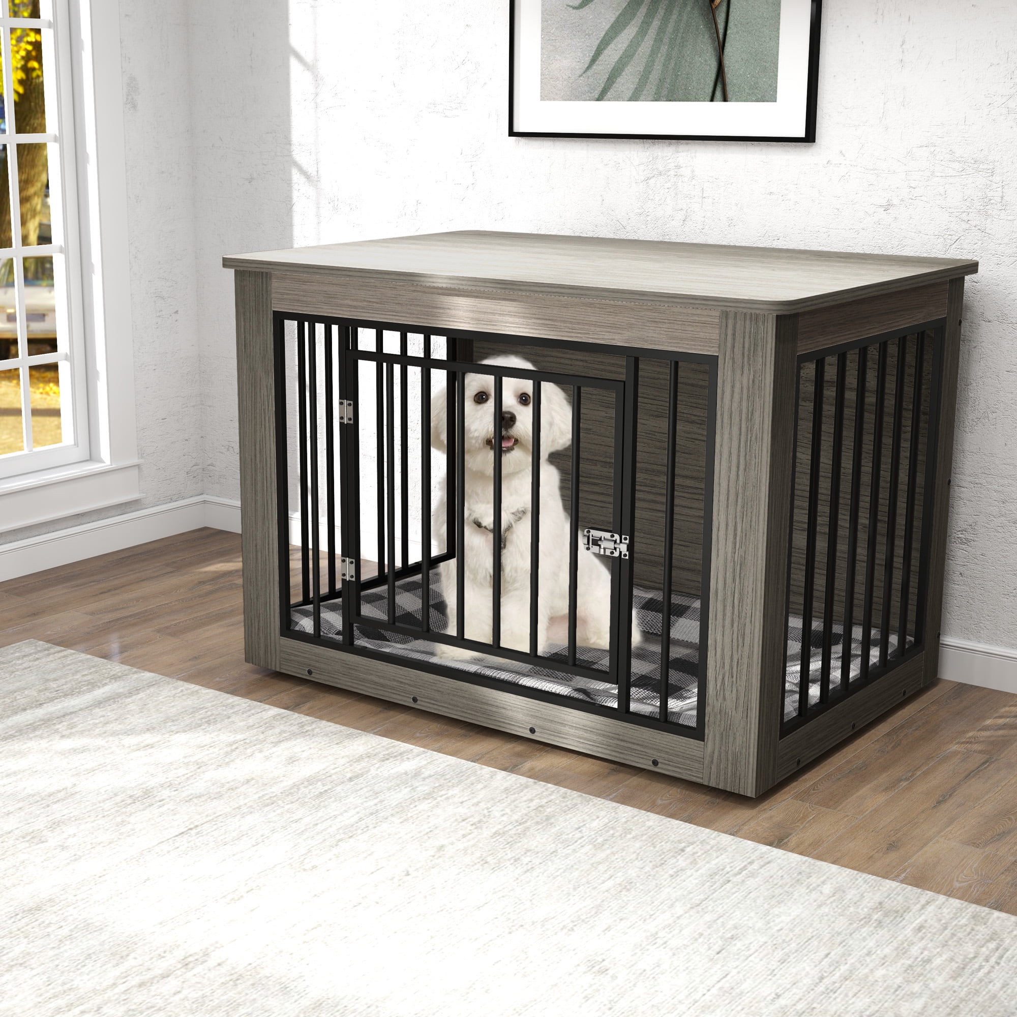 Dextrus Large Dog Crate Furniture, 2-in-1 Wooden Indoor Dogs Kennel ...