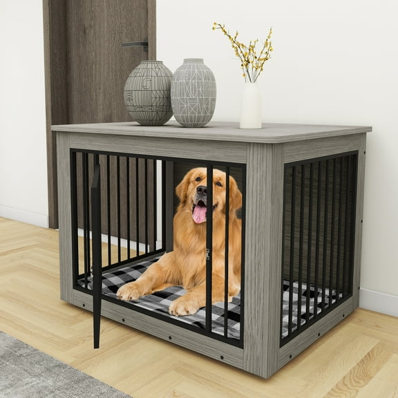 Dextrus Large Dog Crate Furniture, 2-in-1 Wooden Indoor Dogs Kennel Furniture with Waterproof Top&Safety Corners -43.7"L x 29.1"W x 32.3"H,Grey