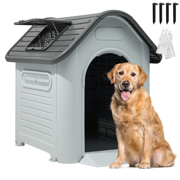 Dextrus Large Dog House Outdoor Plastic Doghouse Water Resistant Pet House with Adjustable Skylight and Elevated Base for Small, Medium, and Large Dogs