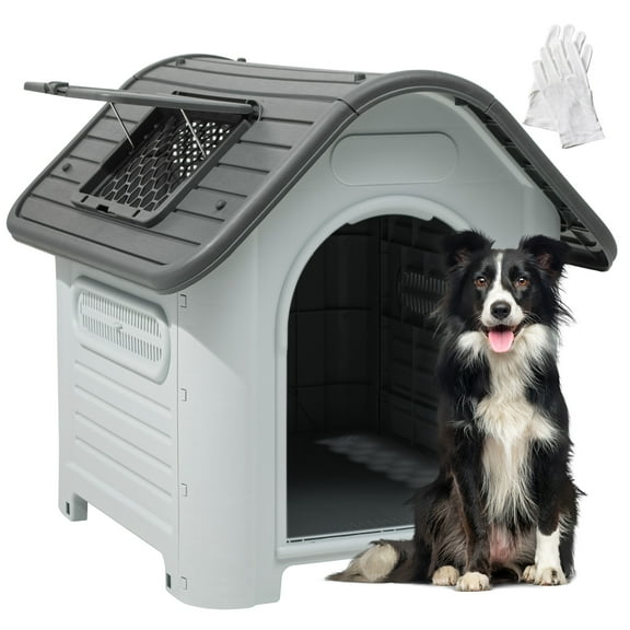 Dextrus Large Dog House Outdoor Plastic Doghouse Water Resistant Pet House with Adjustable Skylight and Elevated Base for Small, Medium, and Large Dogs