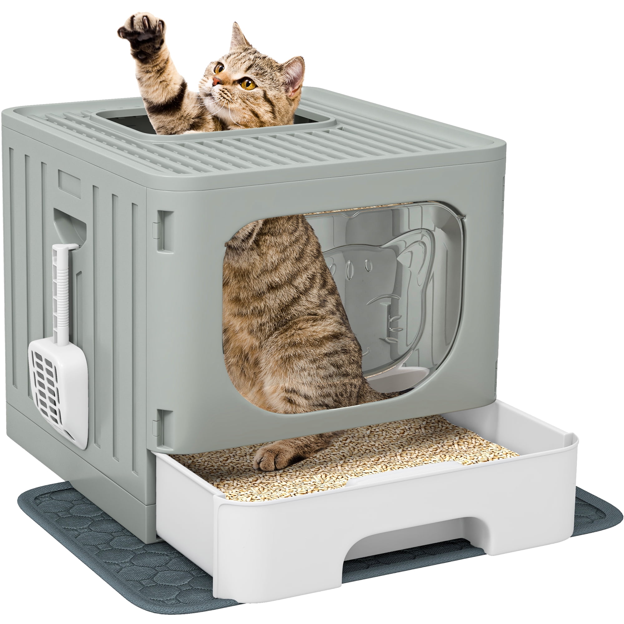 Large Gray Enclosed Cat Litter Box with Slide-Out Tray