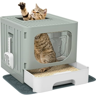 Dextrus Large Enclosed Cat Litter Box with Lid Drawer Type Easy to Clean,with Cushion&Litter Scoop,Gray