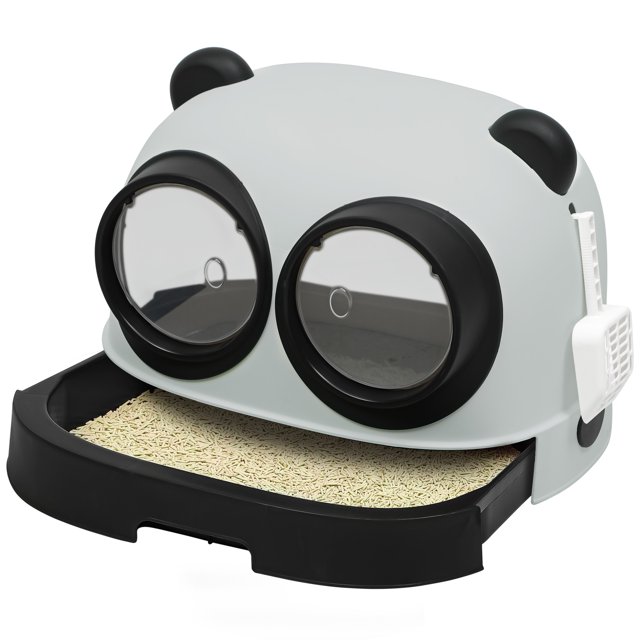 Dextrus Large Enclosed Cat Litter Box with Litter Scoop，Large Panda