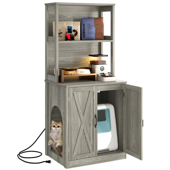 Dextrus Large Hidden Litter Box Enclosure with Shelves and Doors, Wooden Furniture, Grey