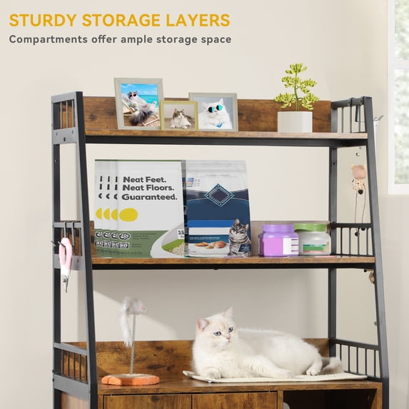 Dextrus Large Hidden Cat Litter Box Enclosure Furniture with Shelf & Double Doors, Wooden Sturdy Cat Washroom Storage with 4 Hooks, Indoor Cat House Furniture for Most Litter Boxes, Vintage Brown