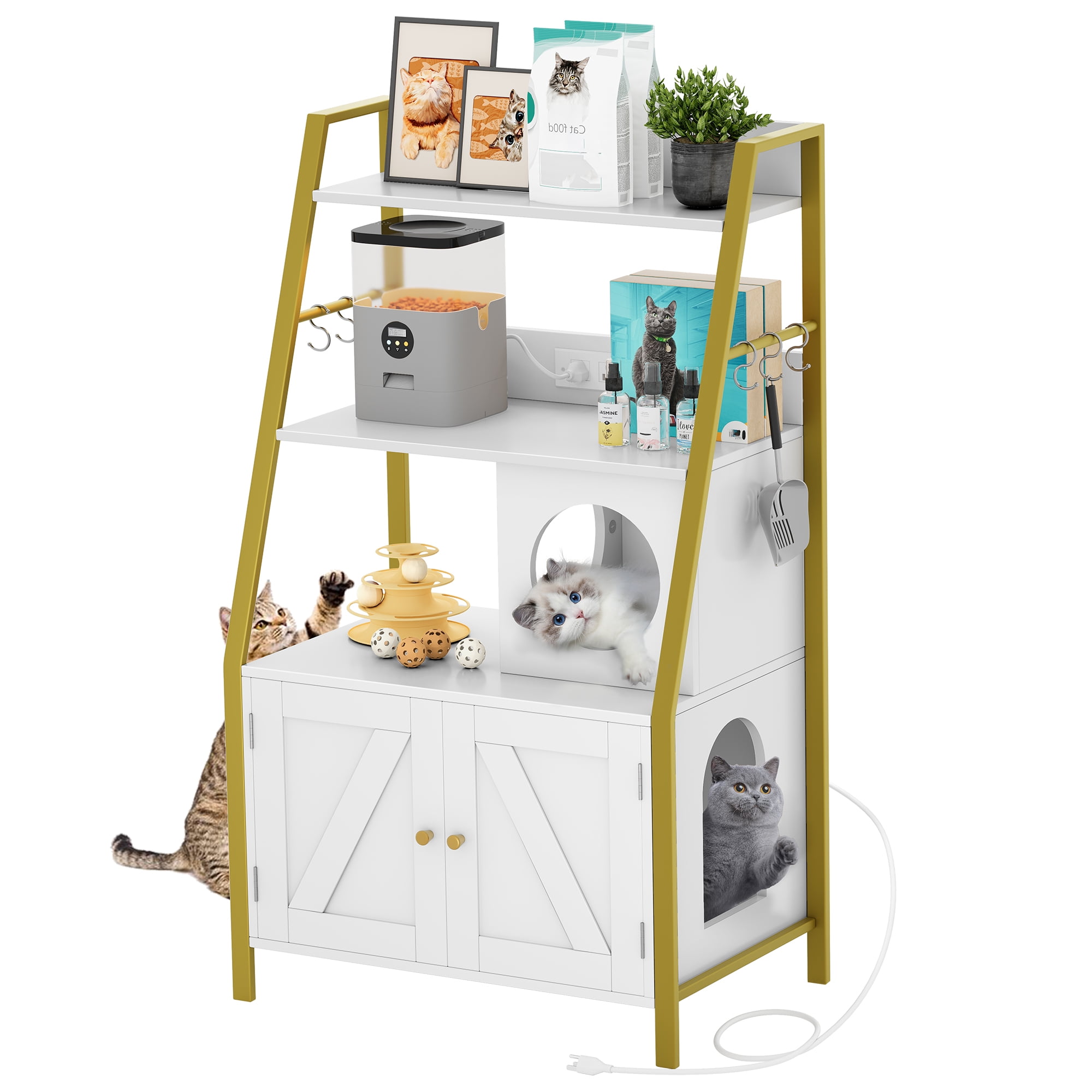 Dextrus Large Hidden Litter Cat Box Enclosure with Charging Station, 3 Shelves and Storage