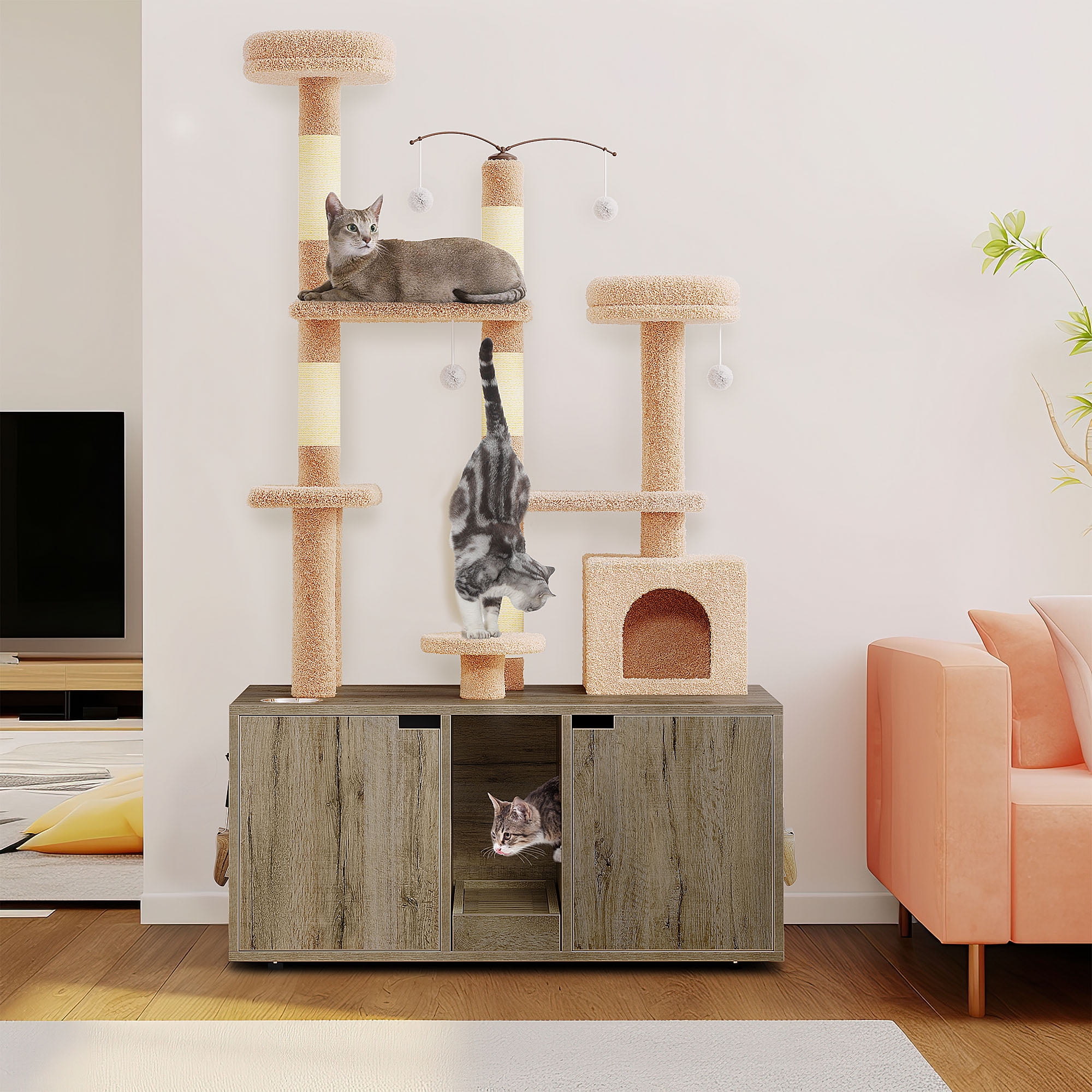 Dextrus Large Hidden Litter Cat Box Enclosure, Cat Tree Cat Tower