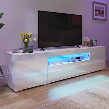 Dextrus Large LED TV stand for 75 inch TVs White High Glossy Media Center with 2 Cabinets and 1 Drawer for Living Room, 70"