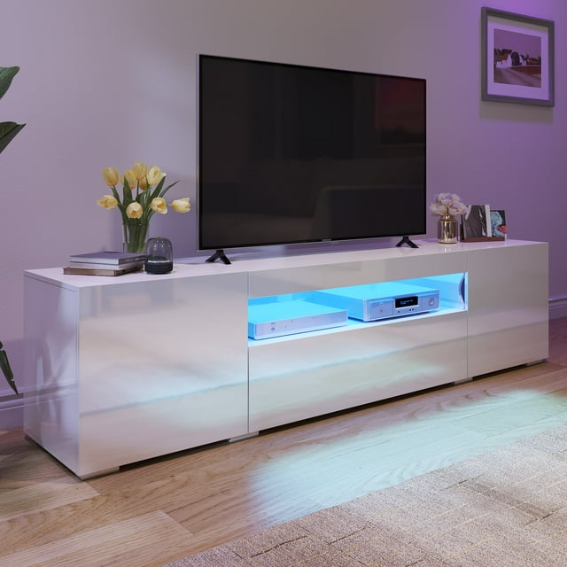 Dextrus Large LED TV stand for 80 inch TVs White High Glossy Media