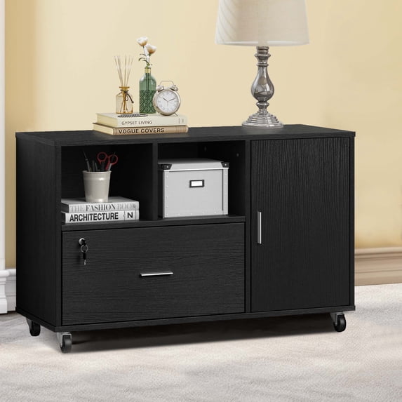 Dextrus Large Lateral File Cabinet with Lock, 1 Drawer Mobile File Cabinet for Printer Stand, Black