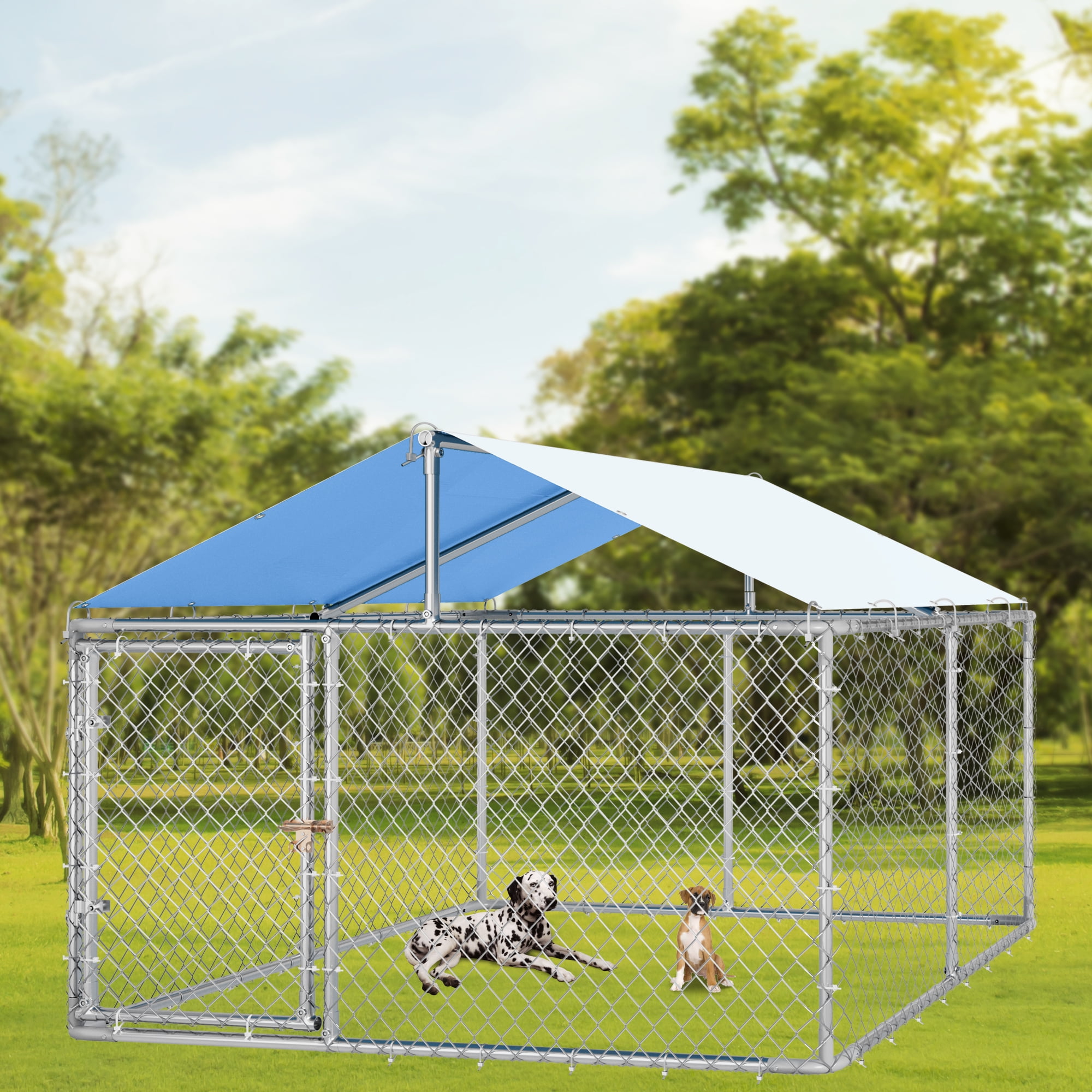 Dextrus Large Outdoor Puppy Yard Pet Run Heavy Duty Enclosure with Metal Gate and Roof 177.1 L x 177.1 W x 90.5 H Walmart