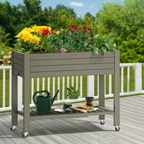 Dextrus Large Outdoor Elevated Resin Garden Bed,Patio Planter Box with Legs&Wheels and Storage Shelf for Plants and Flowers,Ideal for Outdoor Gardening - Light Brown