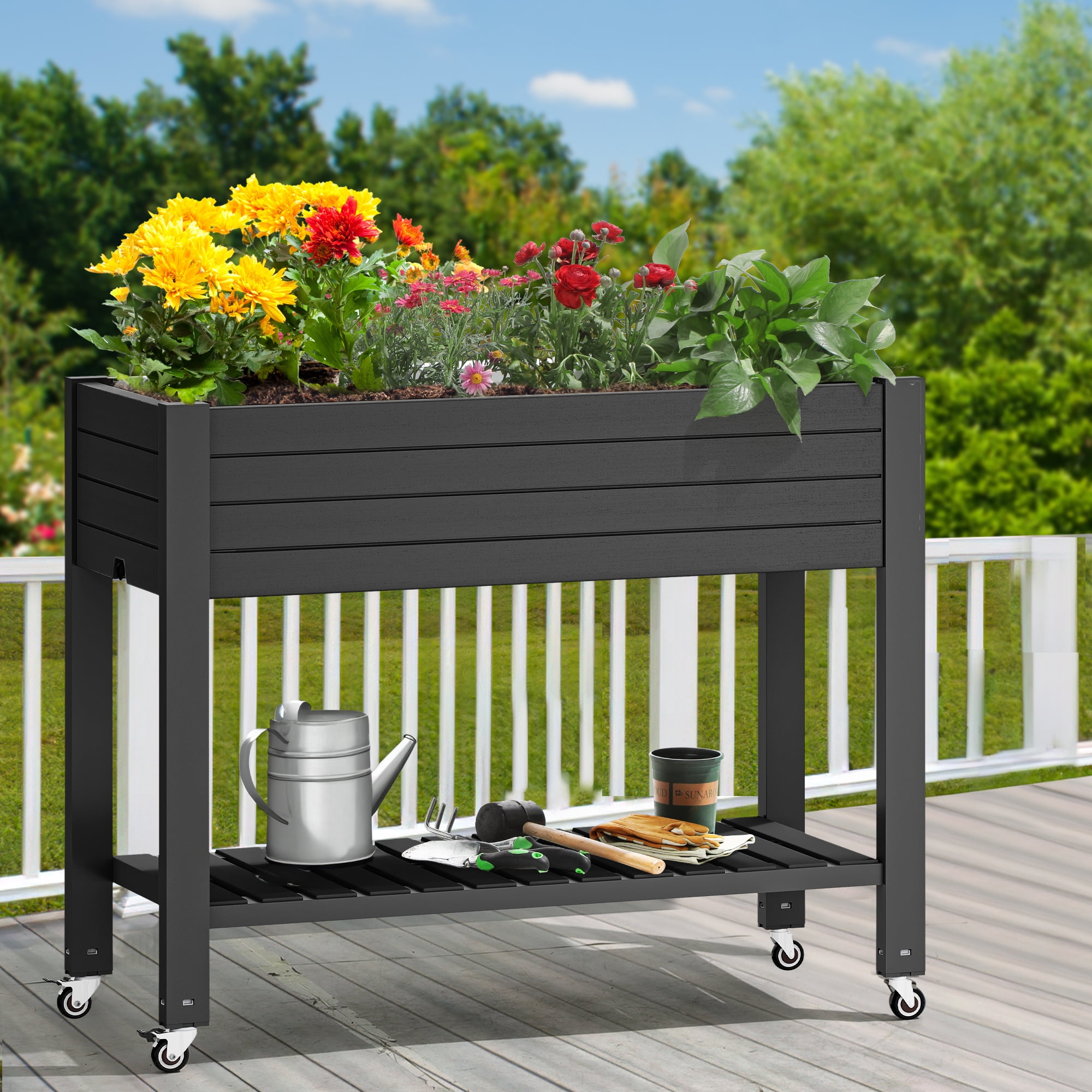 Dextrus Large Outdoor Elevated Resin Garden Bed,Patio Planter Box with Legs&Wheels and Storage Shelf for Plants and Flowers,Ideal for Outdoor Gardening - Black