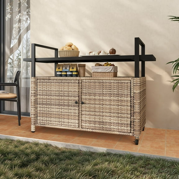 Dextrus Large Outdoor Storage Cabinet, 70 Gallon Outdoor Storage Cart with Movable Wheels & Black Glass Table Top,for Patio Garden,Light Brown