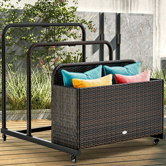 Dextrus Large Outdoor Wicker Storage Box, Rattan Deck Box with Tiered Storage Racks,for Patio, Pool, Supplies, and Tools - Brown