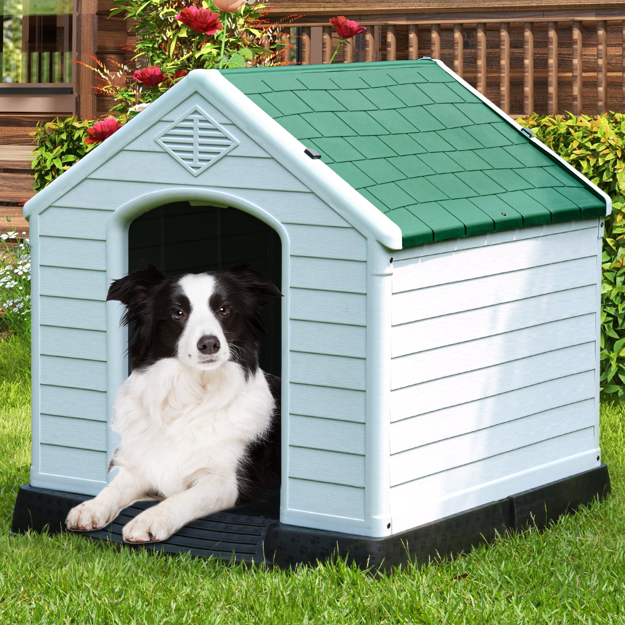 Dextrus Large Plastic Dog House with Air Vents and Elevated Floor Water Resistant Dog Puppy Shelter for Indoor and Outdoor Use Spacious and Durable 34.5 L x 30.9 W x 32 H Green Walmart Business Suppli...