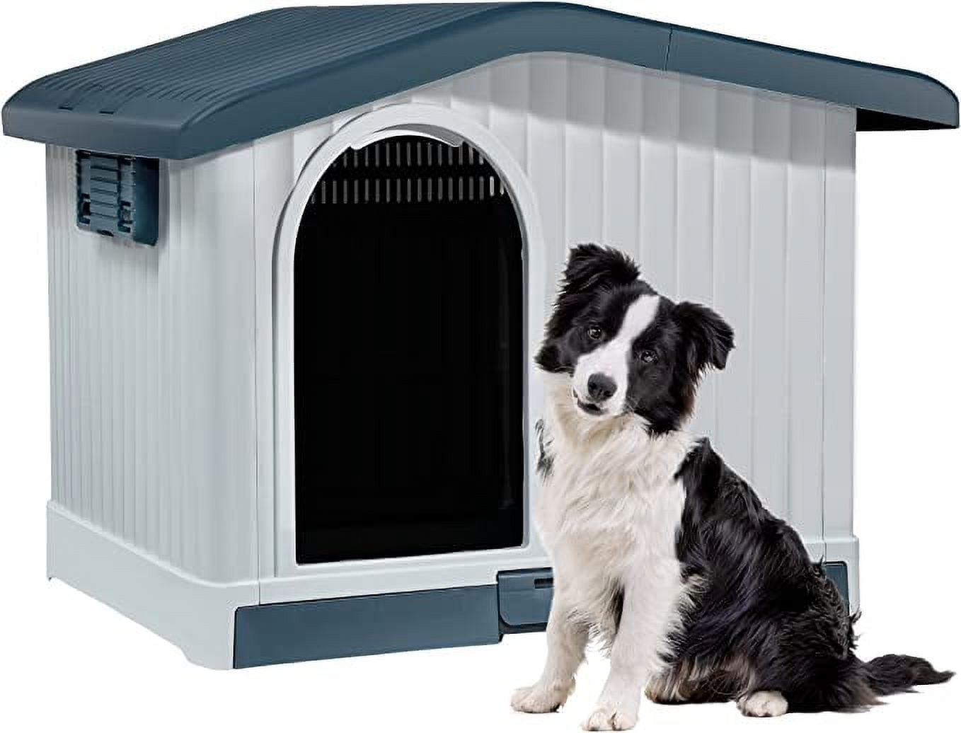 Dextrus Large Plastic Dog House with Liftable Roof, Indoor Outdoor Doghouse with Detachable Base and Adjustable Bar Window, Water Resistant Easy Assembly,34.6''L*29.1''W*24.2''H,Gray
