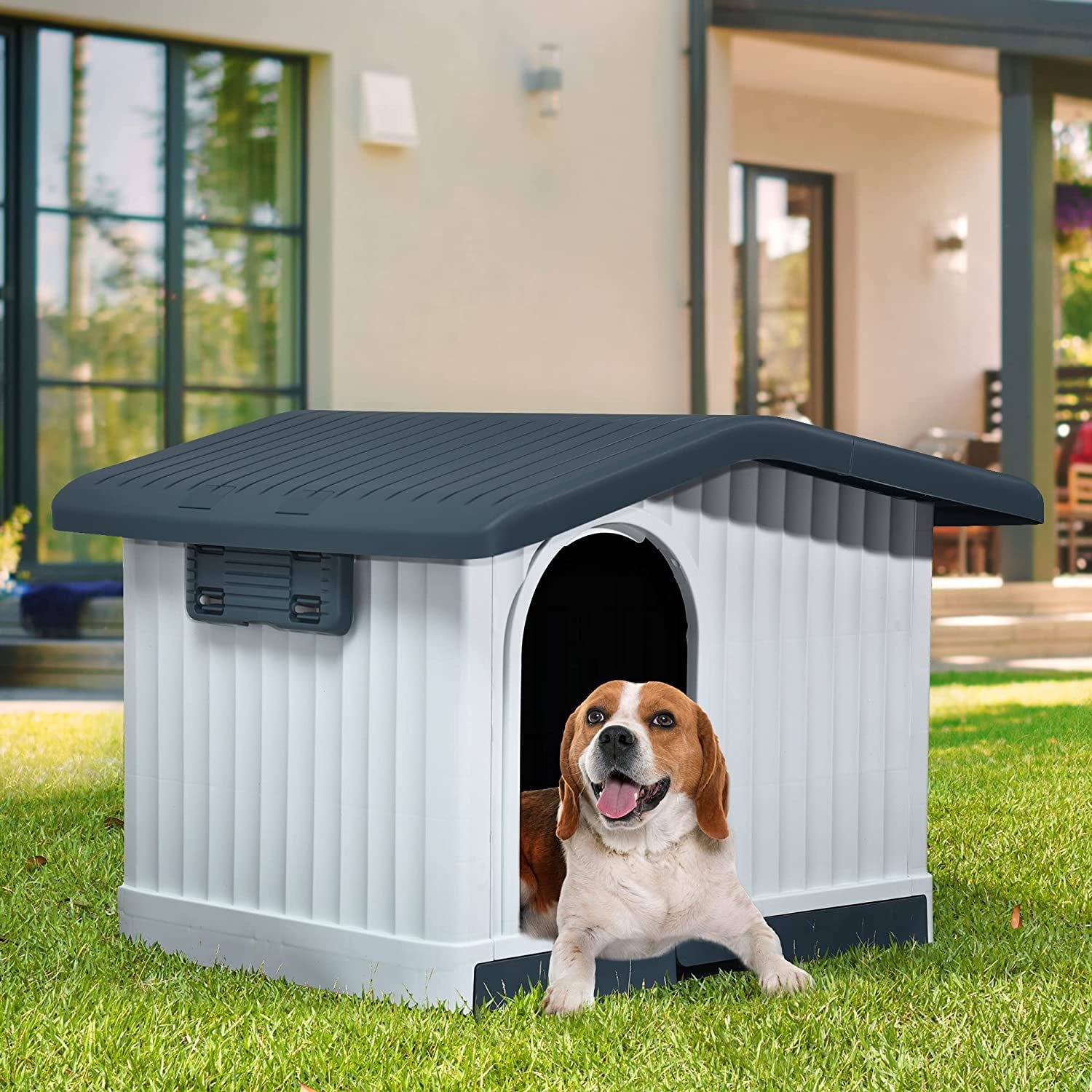 Dextrus Large Plastic Dog House with Liftable Roof, Indoor Outdoor Doghouse Puppy Shelter with