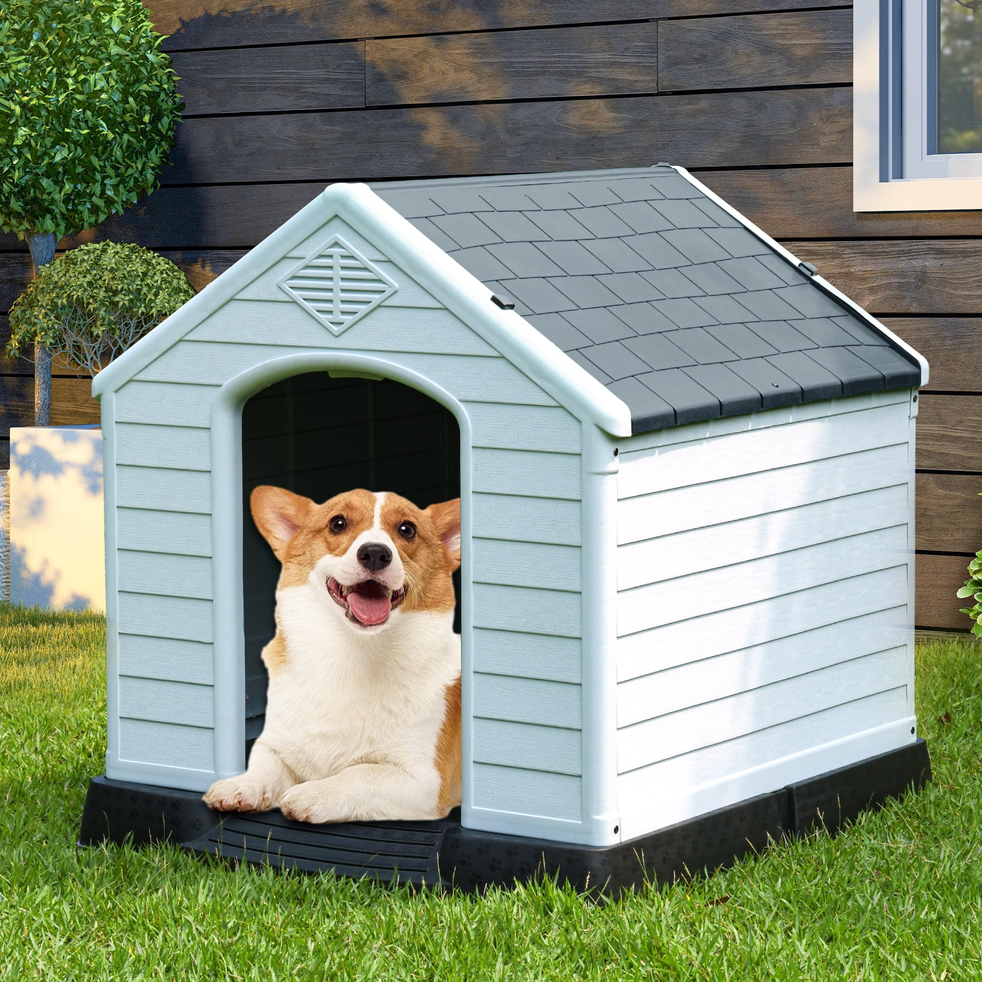 Dextrus Large Plastic Dog House Outdoor Indoor Dog Puppy Shelter Water Resistant with Air Vents and Elevated Floor(28.5'L*26''W*28''H, Gray)