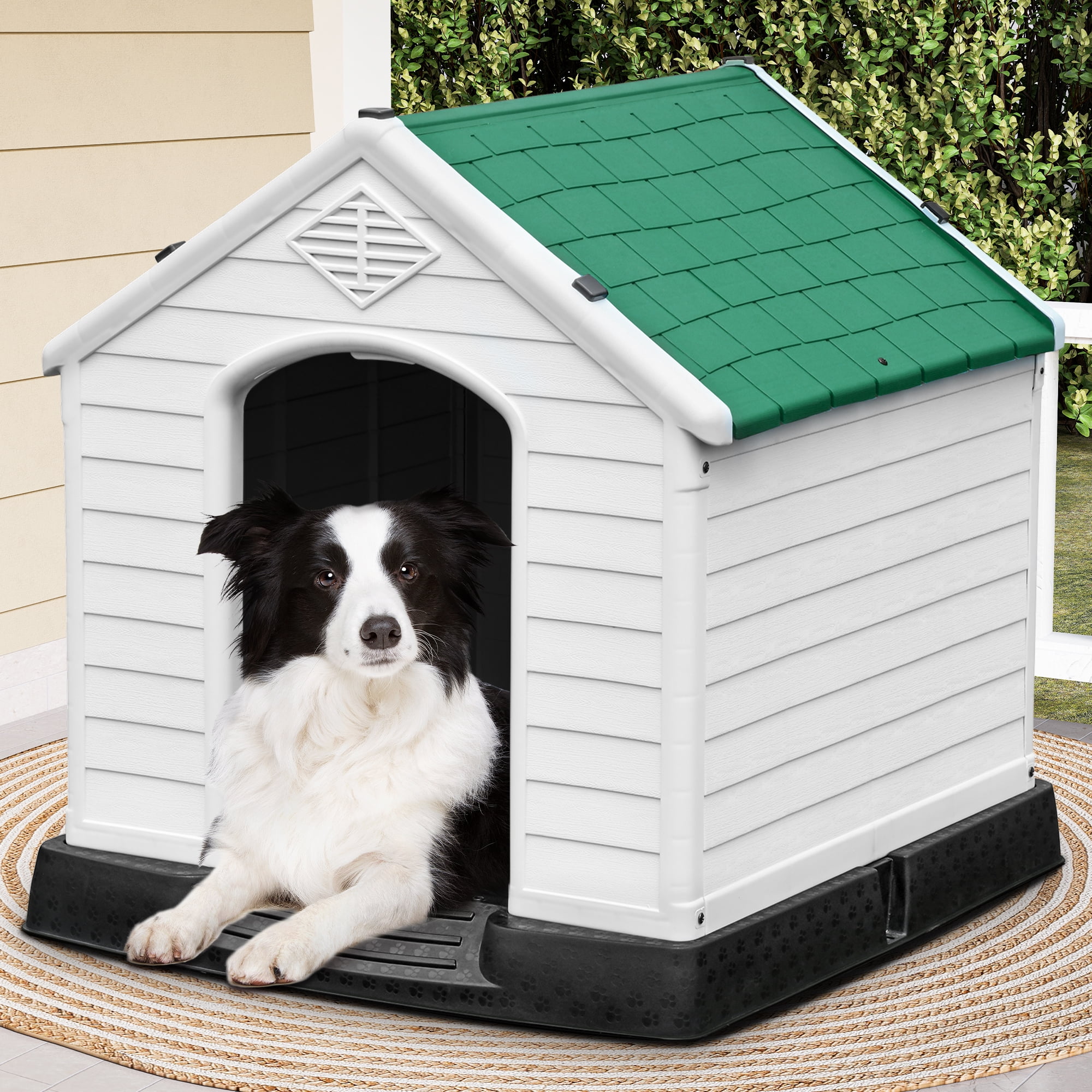 Dextrus Large Plastic Dog House Outdoor Indoor Dog Puppy Shelter Water Resistant with Air Vents and Elevated Floor (41''L*38''W*39''H, Green)
