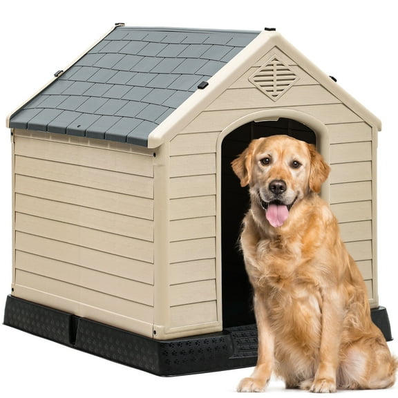 Dextrus Large Plastic Dog House Outdoor Indoor Doghouse Puppy Shelter Water Resistant Easy Assembly Sturdy Dog Kennel with Air Vents and Elevated Floor (41''L*38''W*39''H, Gray+Brown)