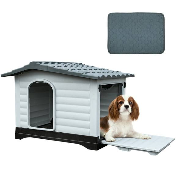 Dextrus Large Plastic Dog House,Outdoor Waterproof Double Door Dog Houses with Elevated Base and Porch & Cushion,Durable Ventilate & Easy Clean and Assemble,36"L*27.1"W*26"H,Gray