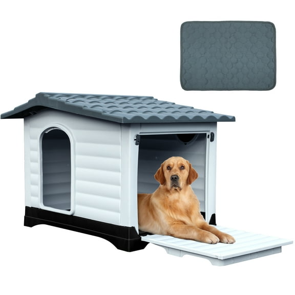 Dextrus Large Plastic Dog House,Outdoor Waterproof Double Door Dog Houses with Elevated Base and Porch & Cushion,Durable Ventilate & Easy Clean and Assemble,43.7''L*33''W*31.6''H,Gray