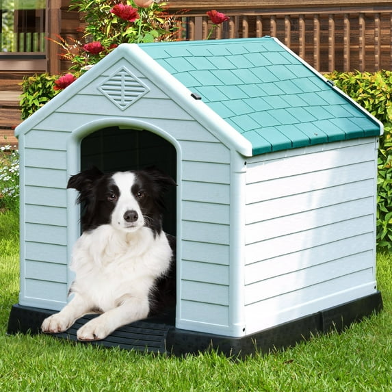 Dextrus Large Plastic Dog House, Water-Resistant Dog Puppy Shelter with Air Vents and Elevated Floor for Indoor and Outdoor Use,Spacious and Durable, (34.5''L x 30.9''W x 32''H,Blue)