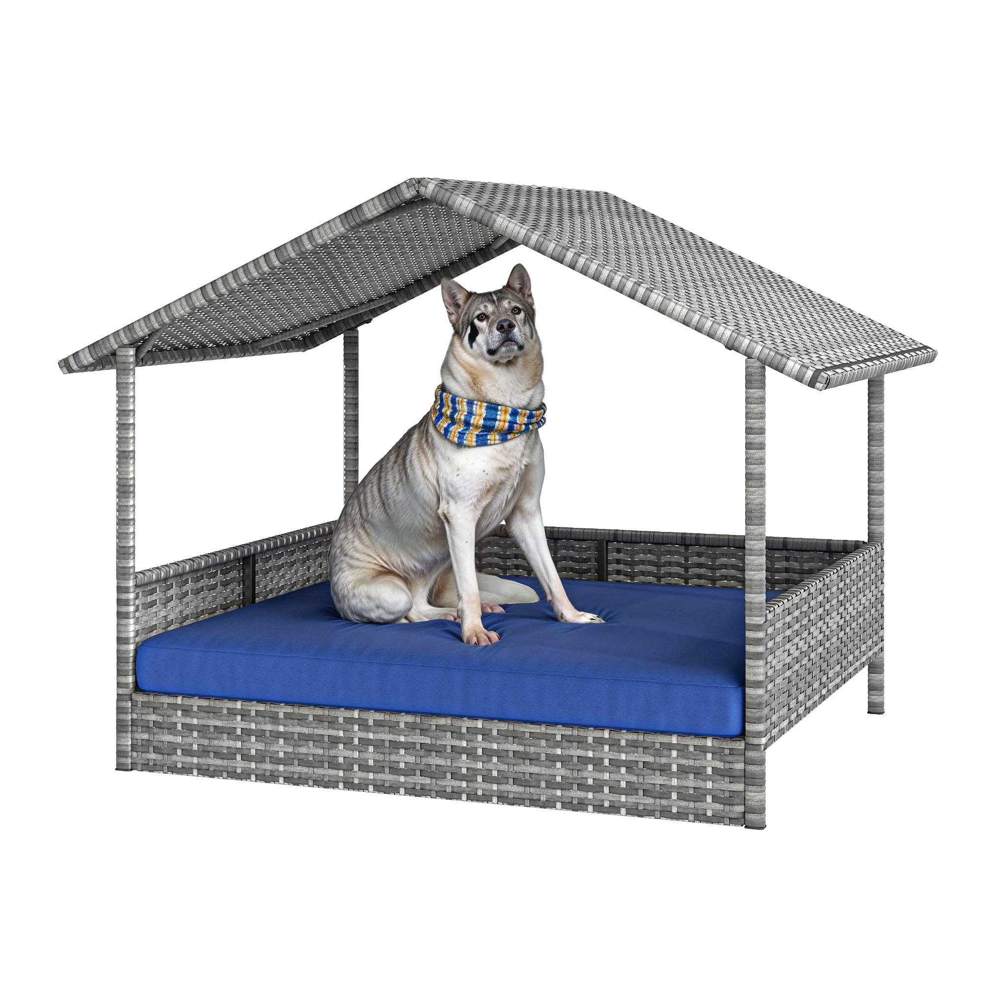 Curated visual reference: Rattan Dog House And Crate For Small Breeds Reference: Dextrus Large Rattan Dog House With Cushion Outdoor Water Resistant