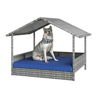 Dextrus Large Rattan Dog House with Cushion,Outdoor Water-Resistant Dog Bed with Canopy,Ideal for Small, Medium, and Large Dogs