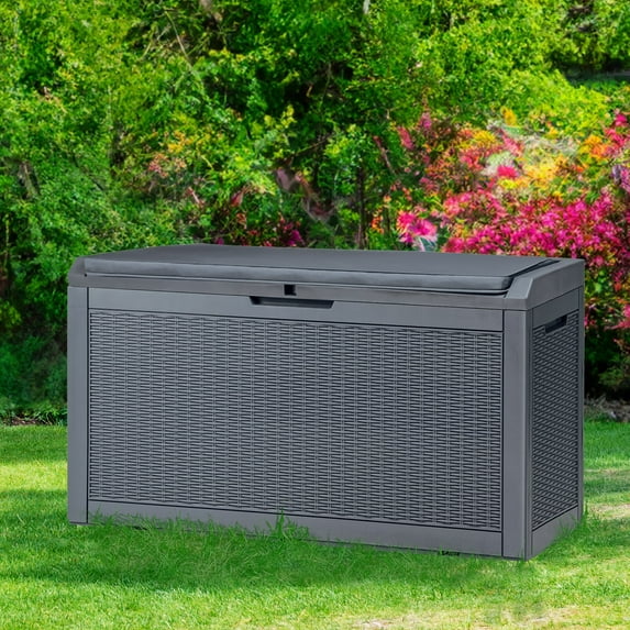 Dextrus Large Resin Deck Box for Outdoor Pillows and Pool Supplies with Cushion for Patio Furniture, Outdoor Cushions, Garden Tools - 100 Gallon Capacity, Waterproof, Lockable (Dark Grey)