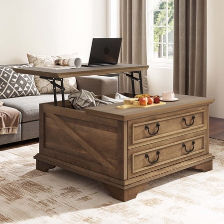 Dextrus Lift Top Coffee Table with Storage, Farmhouse Center Table, Square Coffee Dining Table with 2 Large Drawers, Rustic Brown