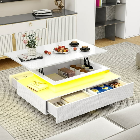 Dextrus Lift Top LED Coffee Table, Modern Living Room Tables with 4 Spacious Drawers, White