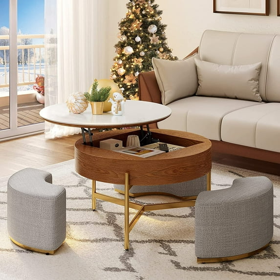 Dextrus Lift Top Round Coffee Table with Storage Compartment 3 Stools Pop up Stone Tabletop Rising Top Modern Coffee Table Set for Living Room Apartment