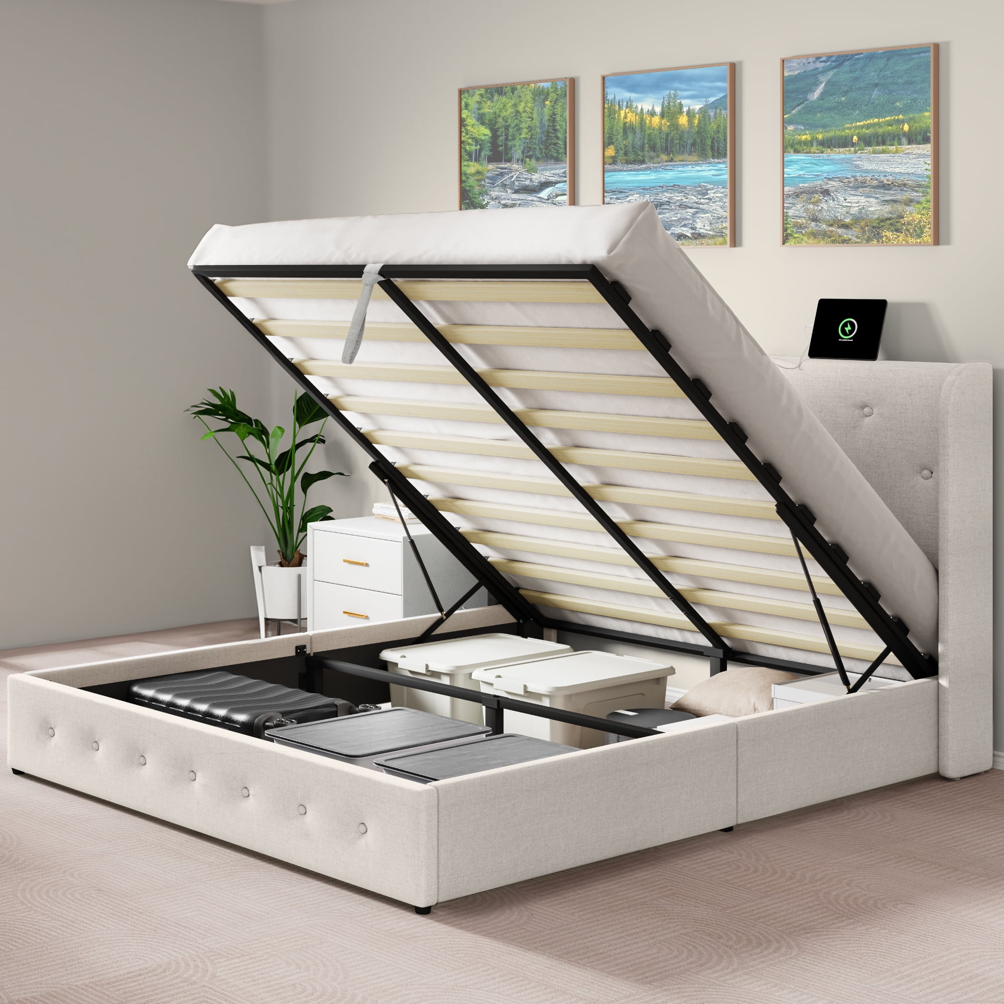 Dextrus Lift Up Storage Bed, Beige Upholstered Queen Bed